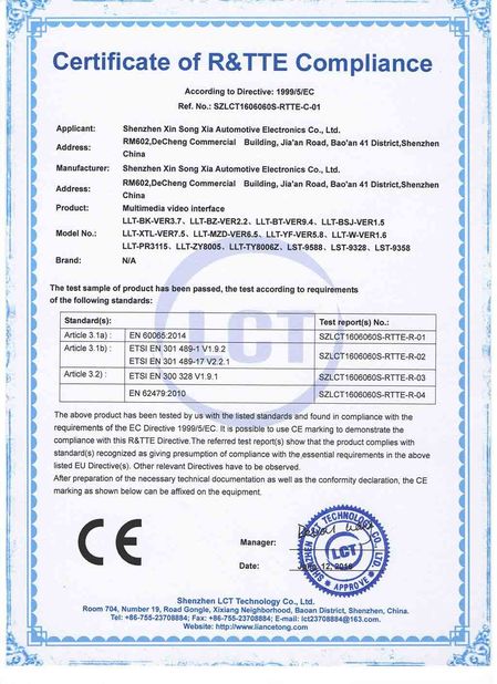 Porcellana Shenzhen Xinsongxia Automobile Electron Co.,Ltd Certificazioni