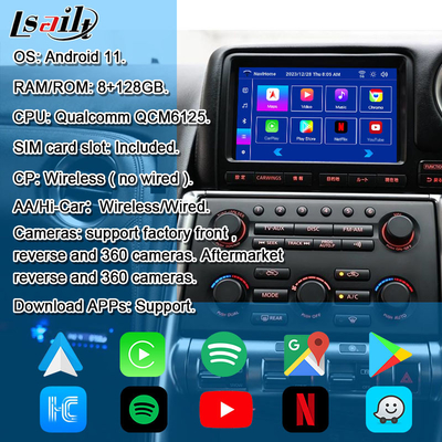 Lsailt Interfaccia multimediale Android per GT-R GTR R35 2011-2016 Interfaccia wireless Carplay Include YouTube, GPS,8+128 GB
